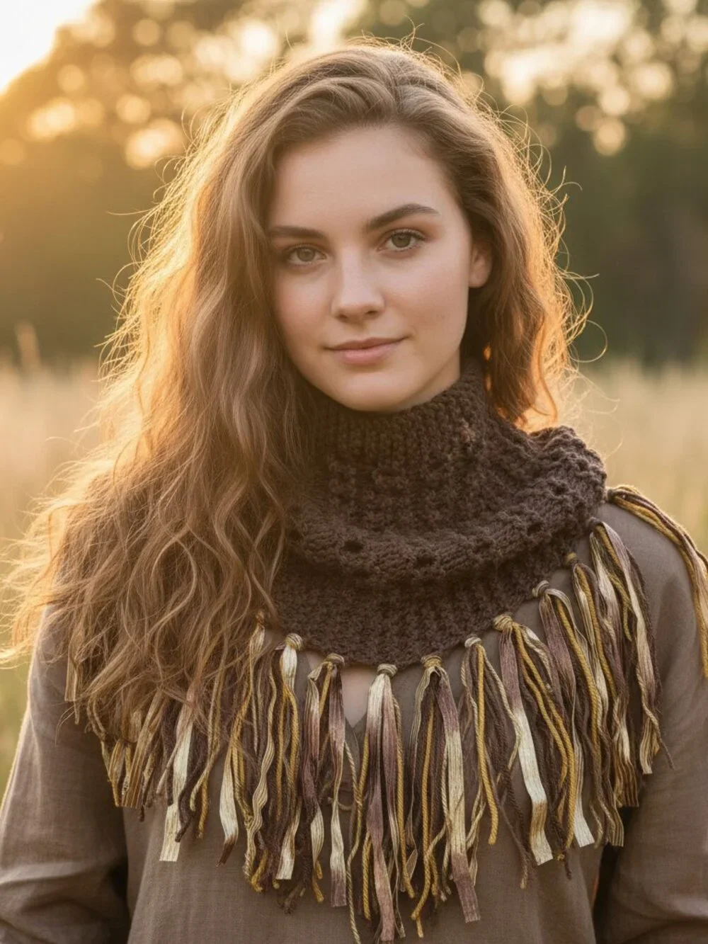 NEW Hand‎ Knitted Brown Gold Boho Cowl Scarf Fringe Eyelet Boho Cottage Earthy